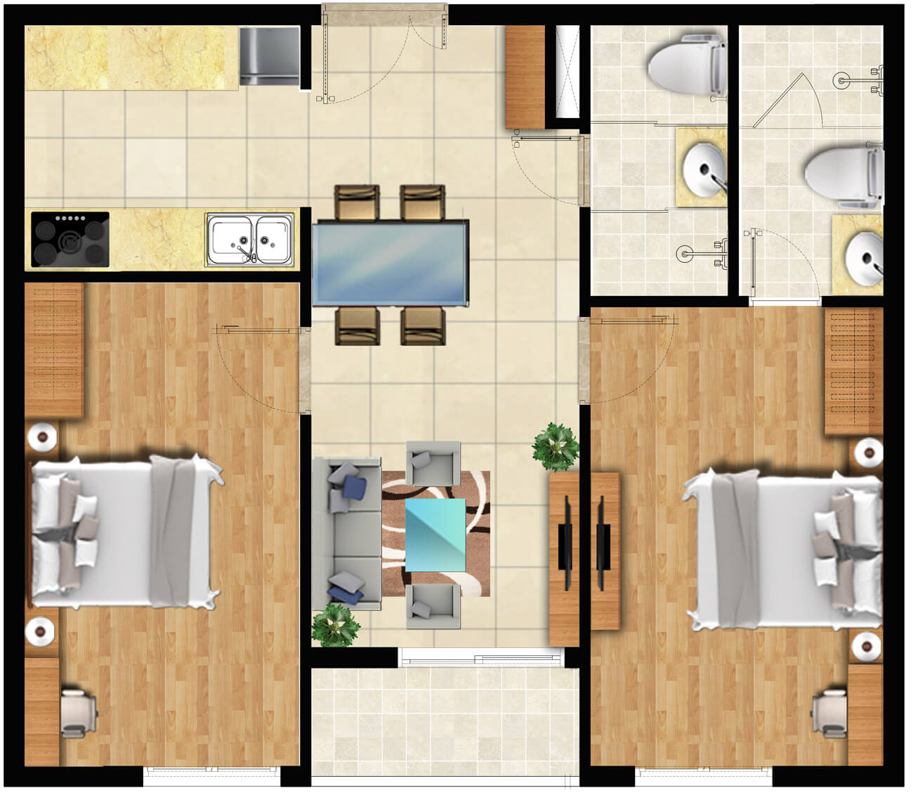 Mẫu căn hộ 02 phòng ngủ